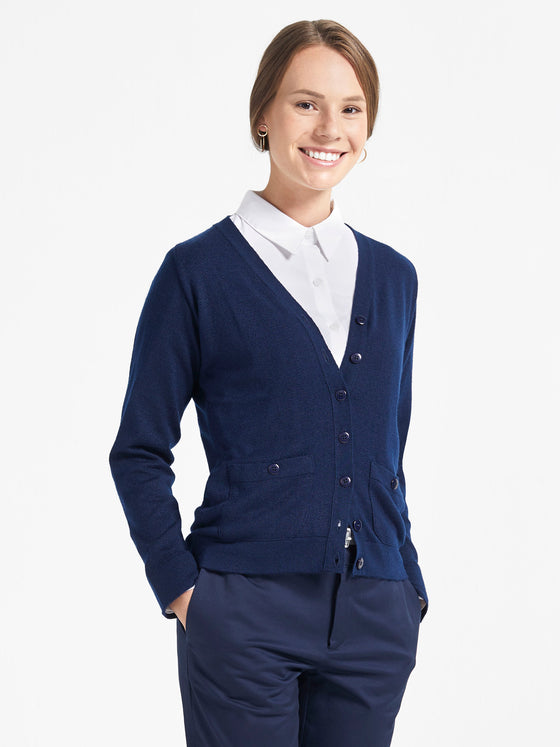 Ladies' 2 Pocket V-Neck Cardigan - Deep Navy