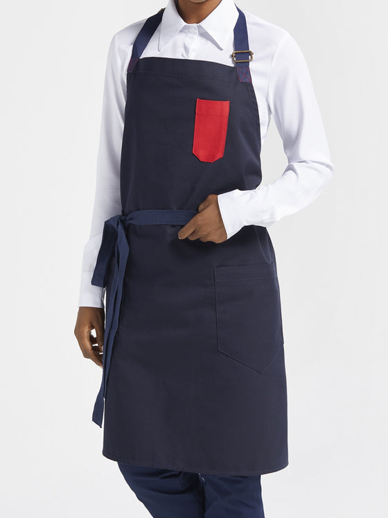 Bib Apron with Contrast Pocket - Midnight Blue/Red