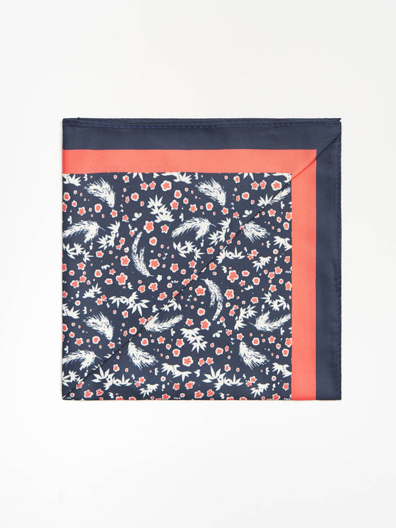 Floral Pocket Square - Navy/White/Coral